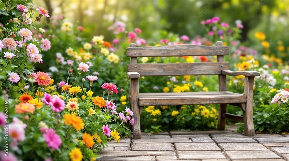 Rustic wooden bench surrounded by vibrant blooming flowers in a tranquil garden setting Rustic wooden bench surrounded by vibrant blooming flowers in a tranquil garden setting