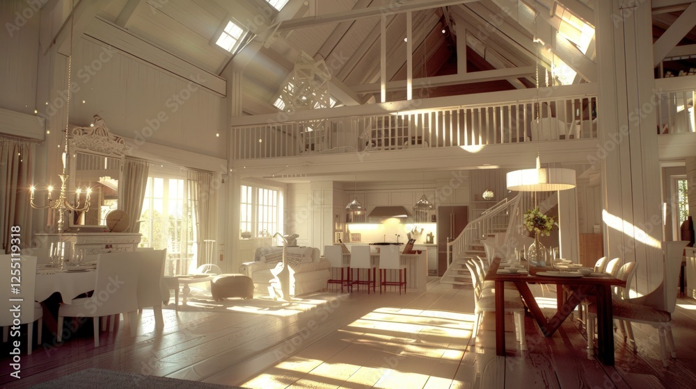 Fototapeta premium Sunlit Luxury: A Spacious Open-Plan Farmhouse Interior