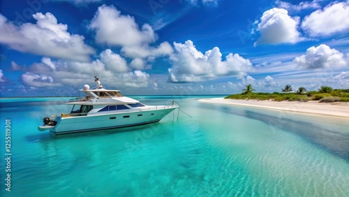 A luxurious yacht is moored at the pristine beach of Los Roques islands in Venezuela with powdery white sand and turquoise waters