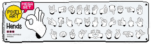 Mega set of Cartoon comic hands gestures with different signs and symbols. Gesturing human arms in pixel art style. Pixelated Hands poses. Vector illustration