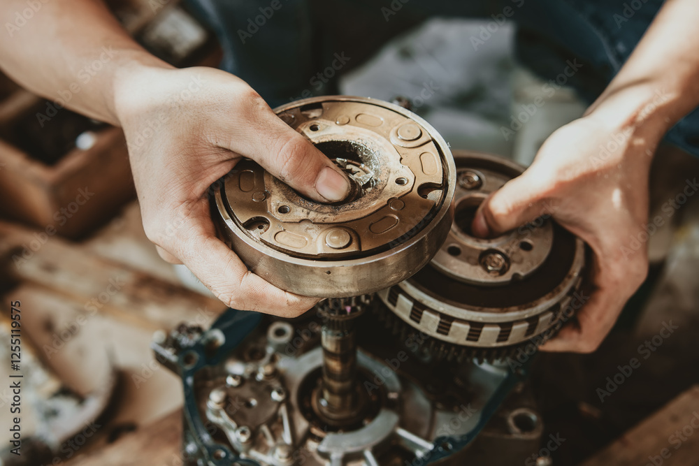 Motorcycle Engine Rebuild, Motorcycle mechanic repairing gearbox,working at garage, maintenance and repair motorcycle concept