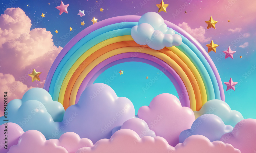 pastel rainbow in sky with fluffy clouds and golden stars in dreamy magical atmosphere