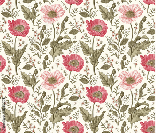 Wallpaper Mural Seamless pattern. Beautiful blooming realistic isolated flowers. Vintage background fabric. Poppy Poppies wildflowers set. Wallpaper baroque. Drawing engraving sketch Vector victorian illustration Torontodigital.ca