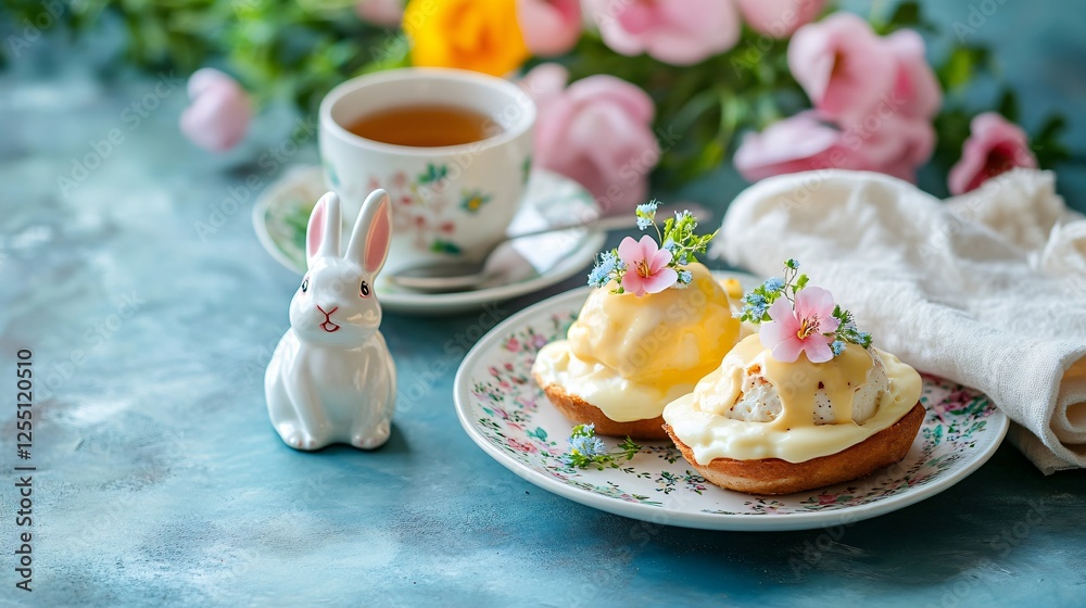 A vibrant Easter morning breakfast with Eggs Benedict, a cup of hot tea, and a ceramic bunny figurine placed beside a stack of linen napkins A vibrant Easter morning breakfast with Eggs Benedict, a cup of hot tea, and a ceramic bunny figurine placed beside a stack of linen napkins