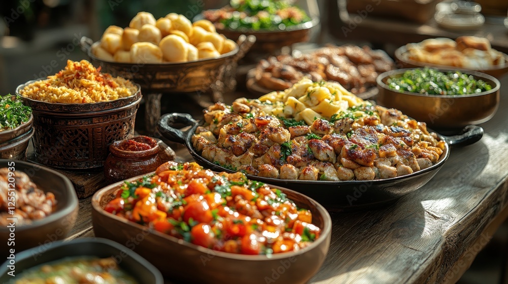 Assorted food dishes on rustic wooden table.