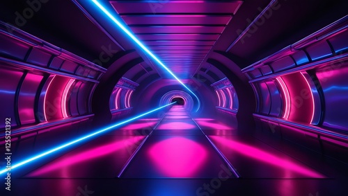 darkroom with glowing neon laser light. pink and blue tunnel sci-fi room
