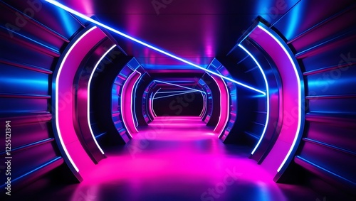 darkroom with glowing neon laser light. pink and blue tunnel sci-fi room
