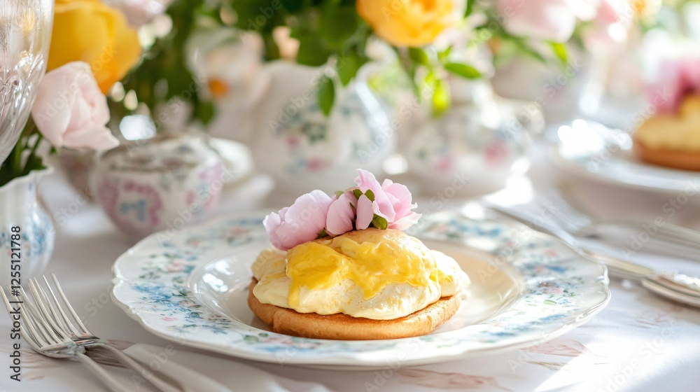 An Easter Sunday gathering with Eggs Benedict served on fine china, pastel-colored tablecloths, and elegant floral napkin holders An Easter Sunday gathering with Eggs Benedict served on fine china, pastel-colored tablecloths, and elegant floral napkin holders