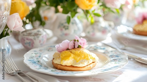 An Easter Sunday gathering with Eggs Benedict served on fine china, pastel-colored tablecloths, and elegant floral napkin holders