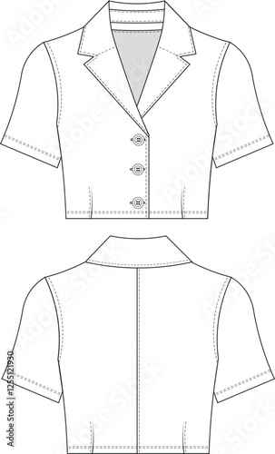 collared buttoned darted tailored short sleeve short crop cropped shirt jacket template technical drawing flat sketch cad mockup fashion woman design style model 
