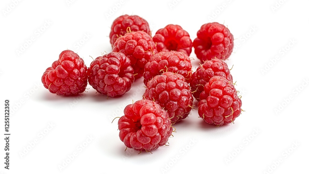 Fresh raspberries on clean white surface showcasing their vibrant red hue and juicy appeal perfect for food and health designs Fresh raspberries on clean white surface showcasing their vibrant red hue and juicy appeal perfect for food and health designs