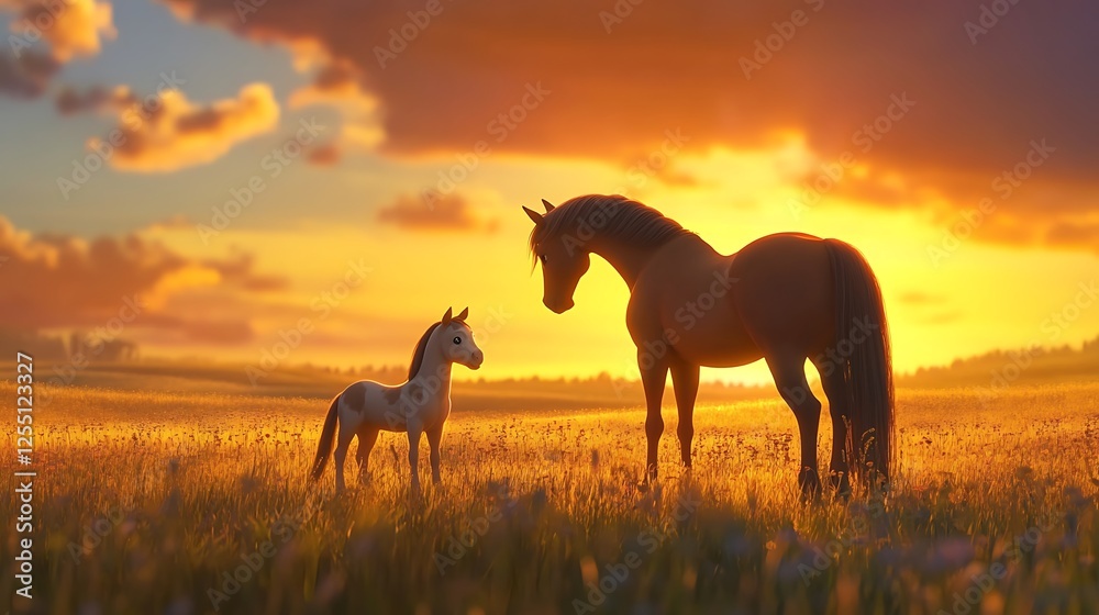 Sunset Serenity: A Mare and Foal in Golden Meadow Sunset Serenity: A Mare and Foal in Golden Meadow