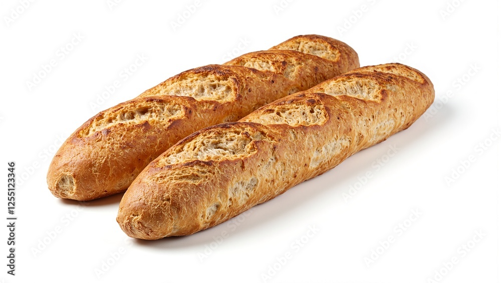 Freshly baked baguettes with a crispy crust beautifully displayed on a clean white background for a rustic bakery aesthetic Freshly baked baguettes with a crispy crust beautifully displayed on a clean white background for a rustic bakery aesthetic