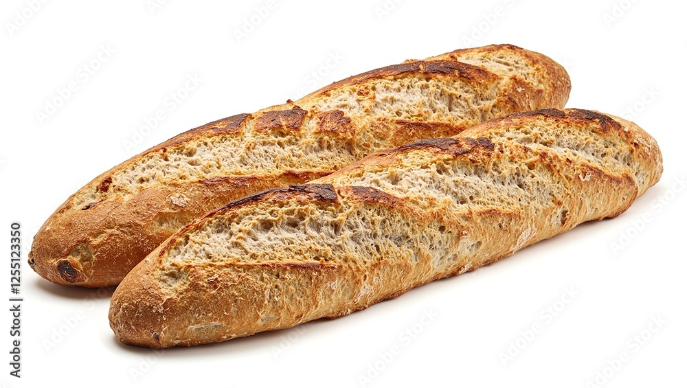 Freshly baked baguettes with a crispy crust beautifully displayed on a clean white background for a rustic bakery aesthetic Freshly baked baguettes with a crispy crust beautifully displayed on a clean white background for a rustic bakery aesthetic