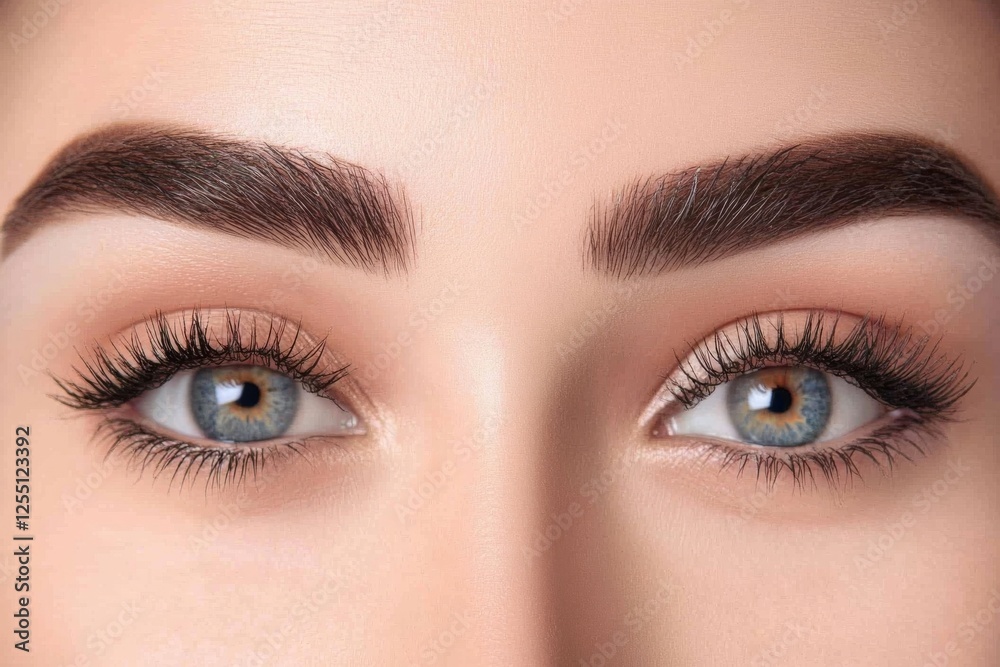 Obraz premium Close-Up Portrait of Young Woman's Beautiful Eye, Perfect Smooth Skin, Perfectly Shaped Eyebrow and Luscious Long Lashes. Beauty Products, Cosmetics, Make-Up. Advertisement of Eco Treatment, Skin Care