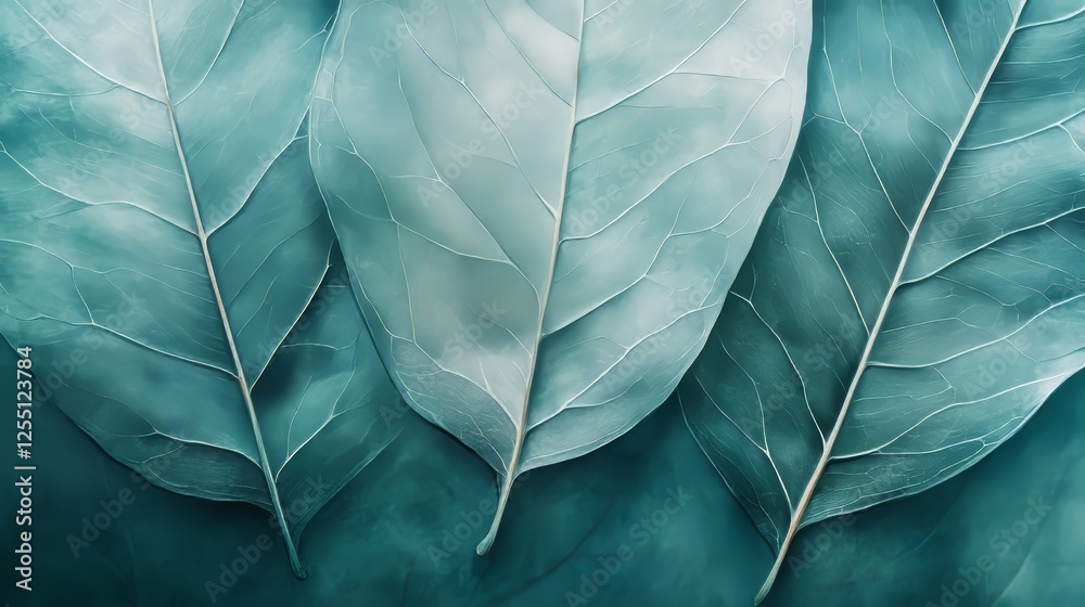 Obraz premium Pastel Turquoise Background, Three Intricate Leaf Drawings, Minimalist Nature Art, Delicate Lines
