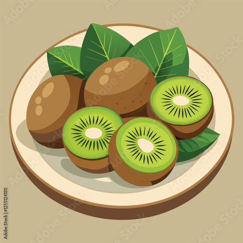 kiwi in the plate. Kiwi. Fresh whole kiwi and half kiwi fruit vector illustration.