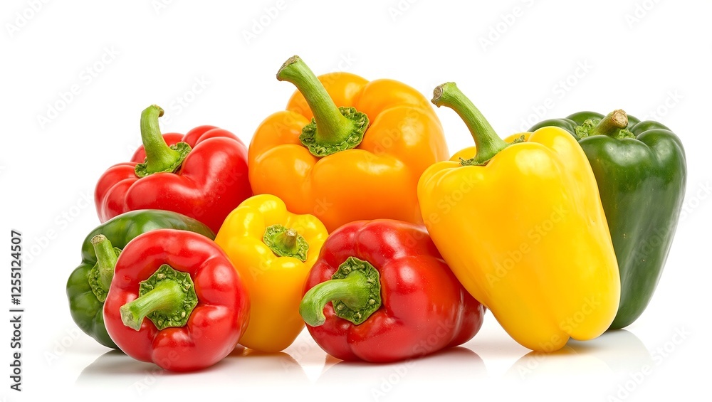 Vibrant red yellow and green bell peppers artfully arranged on a clean white backdrop A feast for the eyes and perfect for food related projects Vibrant red yellow and green bell peppers artfully arranged on a clean white backdrop A feast for the eyes and perfect for food related projects