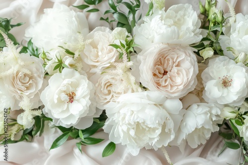 Fototapeta Naklejka Na Ścianę i Meble -  A delicate watercolor bouquet featuring white peonies and roses, surrounded by soft foliage on a light background.