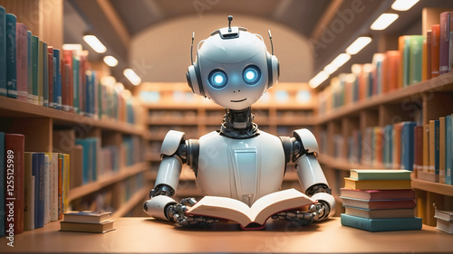 Cute robot isreading books in library. Robot is studying at school. Artificial intelligence, machine learning and robotics concept	