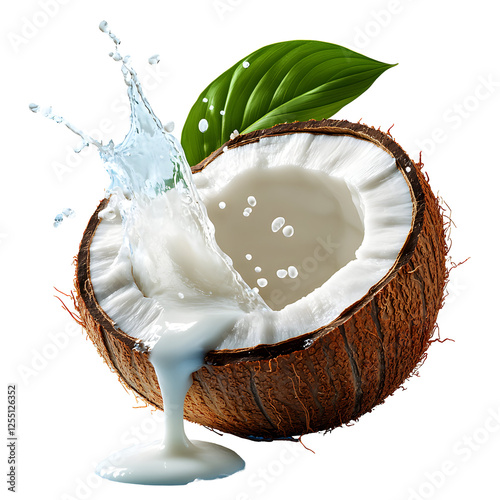 Coconut milk splash from cracked coconut isolated on black background. Refreshing tropical drink with leaf.