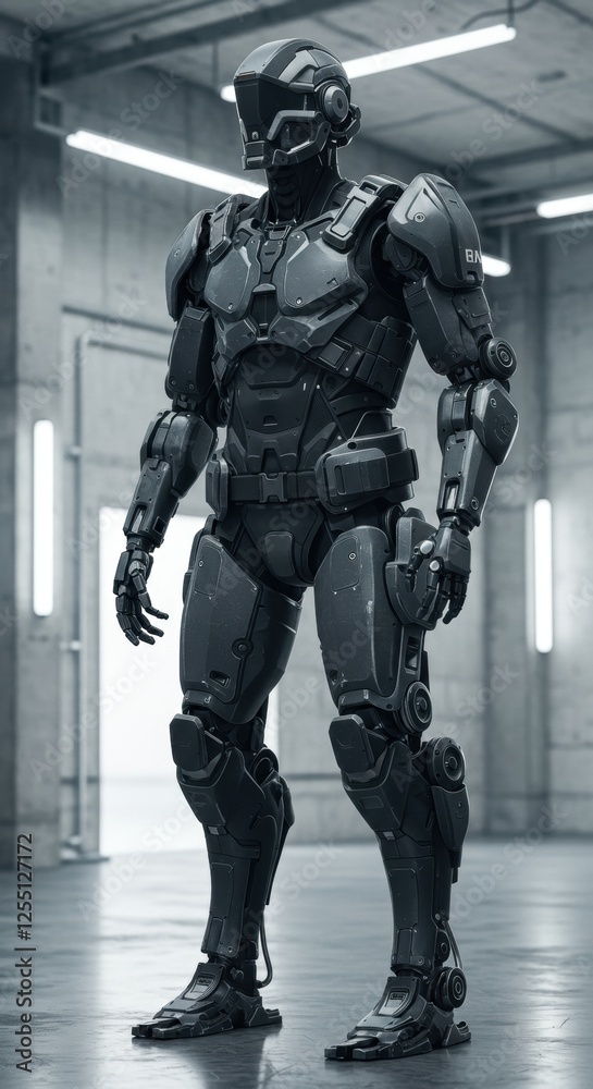 Futuristic black robot in industrial setting with advanced armor design Futuristic black robot in industrial setting with advanced armor design
