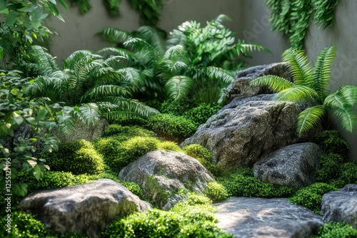 A dense jungle-inspired design featuring vibrant green ferns and moss-covered stones, perfect for eco-friendly visuals.