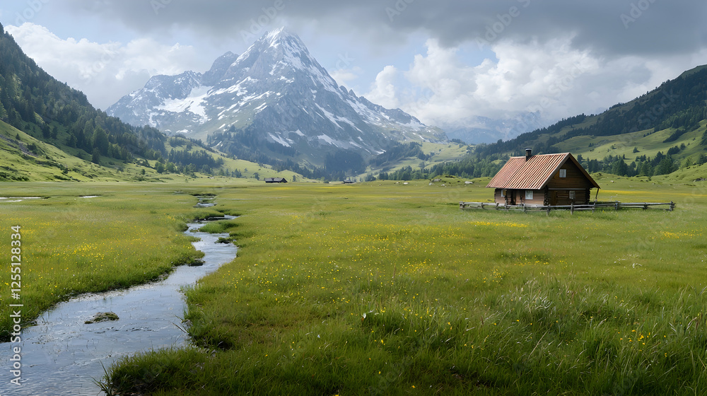 Mountain cabin, valley stream, Swiss Alps landscape, postcard Mountain cabin, valley stream, Swiss Alps landscape, postcard