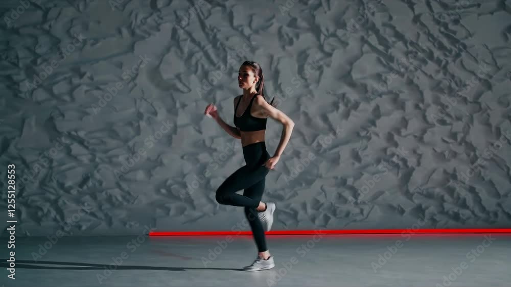 Young sporty woman running energetically in a gym illuminated by striking red neon lights, dressed in sleek black sportswear and stylish white sneakers, focused on her fitness routine Young sporty woman running energetically in a gym illuminated by striking red neon lights, dressed in sleek black sportswear and stylish white sneakers, focused on her fitness routine
