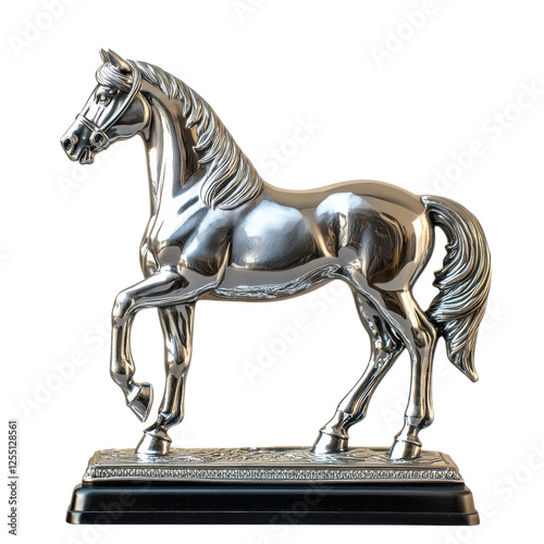 A polished silver statue of a horse in a dynamic pose, showcasing its muscular form and flowing mane.