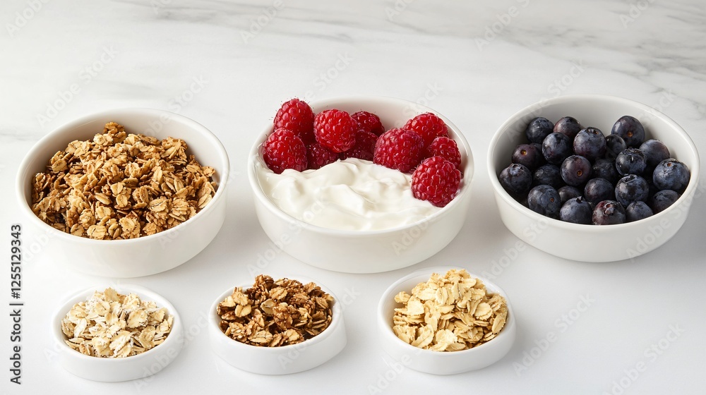 A deconstructed Greek yogurt parfait with separate bowls of granola, yogurt, and mixed berries, artistically arranged on a white marble surface A deconstructed Greek yogurt parfait with separate bowls of granola, yogurt, and mixed berries, artistically arranged on a white marble surface
