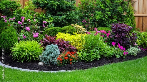 Colorful garden bed, backyard landscaping, summer blooms, wood fence background, home improvement