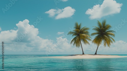 tropical island in the middle of the ocean. The island is small and has a sandy base with two palm trees on top. The palm trees are tall and green  with long fronds that reach up towards the sky.