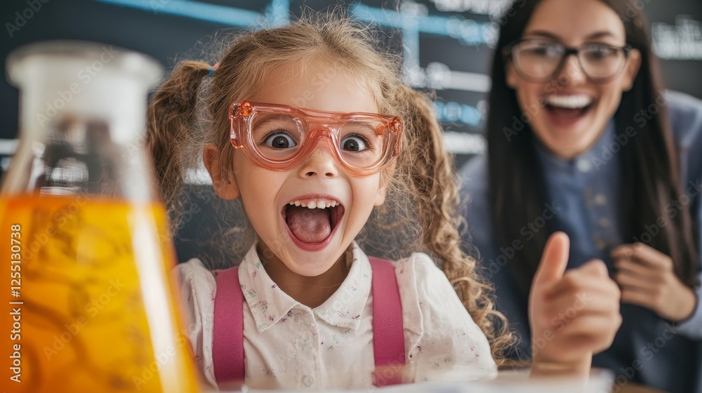 Excited Girl in Glasses with Science Experiment in Classroom Setting Excited Girl in Glasses with Science Experiment in Classroom Setting