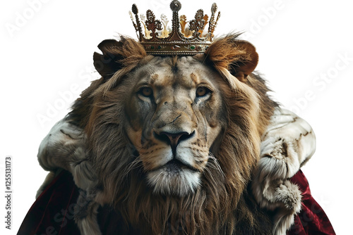 Royal lion in a crown and luxurious decorated robes isolated on transparent background photo