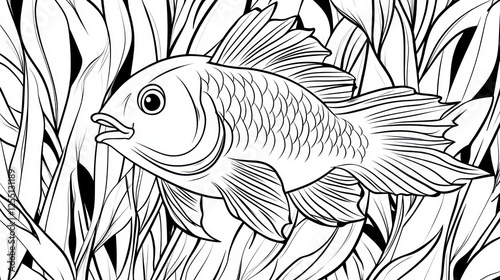 Black and white fish in aquatic plants, coloring page, printable art photo