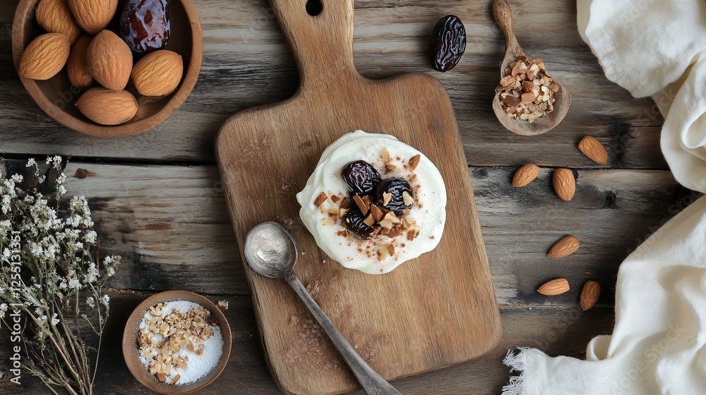 A Greek-style Easter breakfast featuring a yogurt parfait with dates, almonds, and a touch of cinnamon, placed on a wooden cutting board A Greek-style Easter breakfast featuring a yogurt parfait with dates, almonds, and a touch of cinnamon, placed on a wooden cutting board