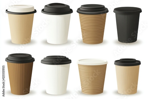 Wallpaper Mural A detailed set of disposable coffee cups with lids, shown in white, brown, and black, in a flat vector graphic. Torontodigital.ca