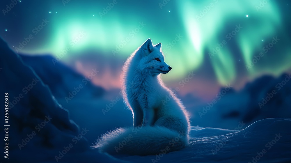 Majestic Arctic Fox Under the Ethereal Glow of Northern Lights in Winter Landscape Majestic Arctic Fox Under the Ethereal Glow of Northern Lights in Winter Landscape