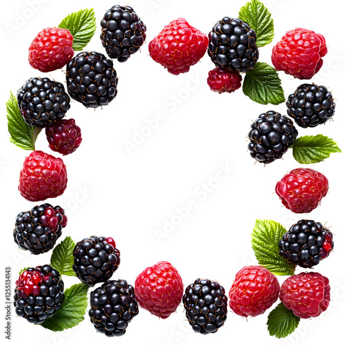 Raspberries and blackberries frame, isolated on white background.  Fresh berries arranged in square border, vibrant colors.