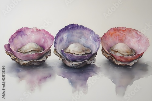 Coastal Oyster Print in Watercolor with Soft and Natural Colors. Generative AI
