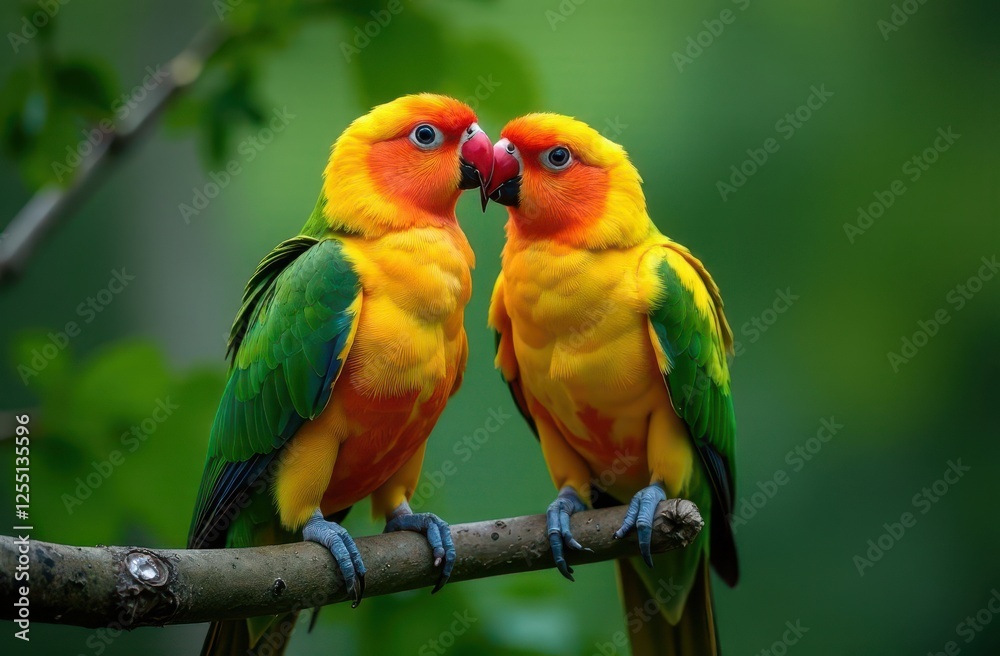 A Beautiful and Colorful Pair of Parrots Lovingly Cuddled Together on a Branch in Nature A Beautiful and Colorful Pair of Parrots Lovingly Cuddled Together on a Branch in Nature