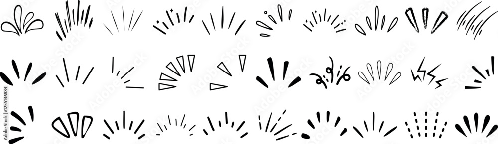 line sparkle vector set, comic style decorative lines, burst effects, and dynamic radial patterns in black for enhancing illustrations, comics, and graphic designs with energetic visual elements