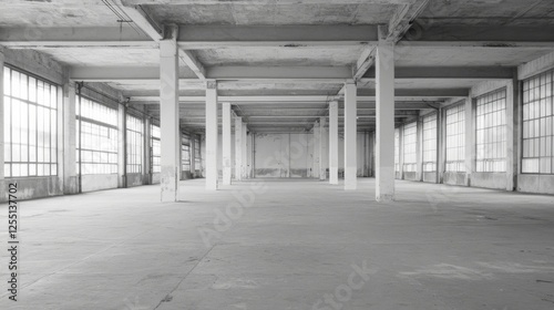 Empty industrial warehouse interior, large windows, concrete floor, potential for renovation