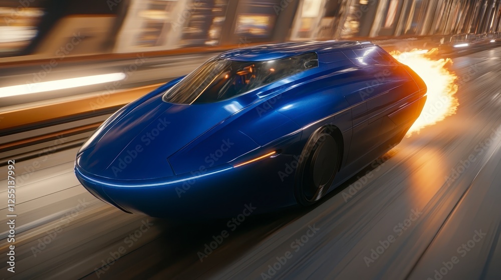 Fototapeta premium High speed futuristic blue vehicle in motion, city night background, blurred motion effect, orange flames, dynamic, stylized, fast vehicle, night