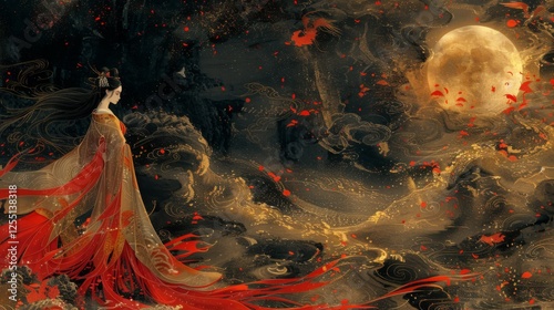 Mythical creatures. Japan myth. Amaterasu Omikami, the majestic goddess of the sun, stands gracefully in golden long kimono around her dark sky