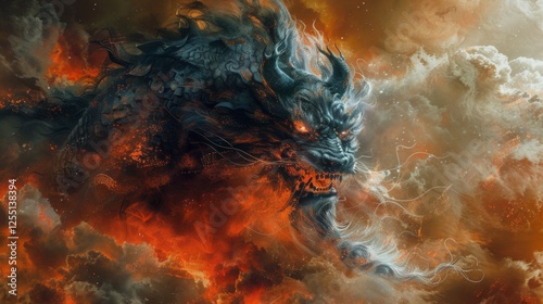 Mythical creatures. Japan myth. portrait of Susanoo-no Mikoto, the tempestuous god of storms, unleashes his wrath upon the heavens, his fury shaking the very foundations of the world photo