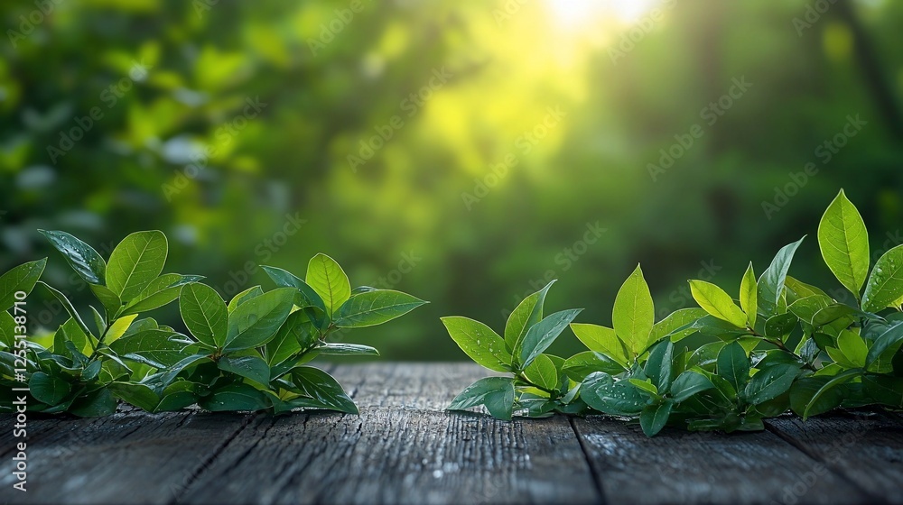 Lush green leaves on rustic wooden surface with blurred background.