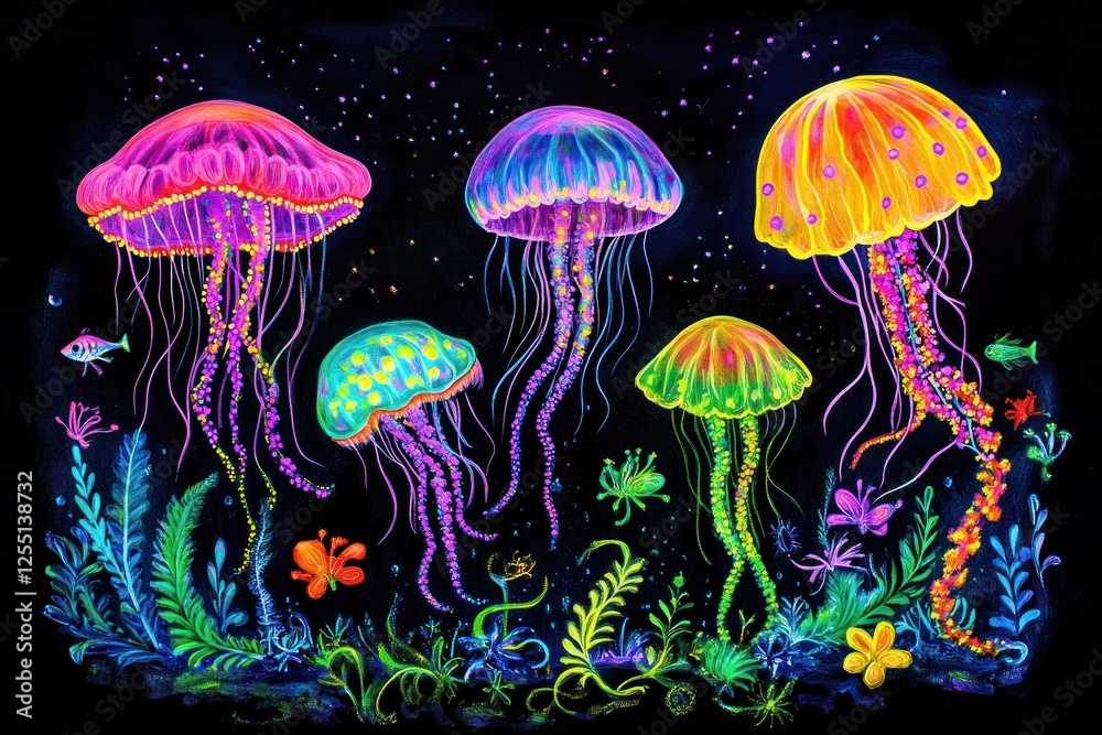 Fototapeta premium Vibrant jellyfish and underwater flora glow in the dark.