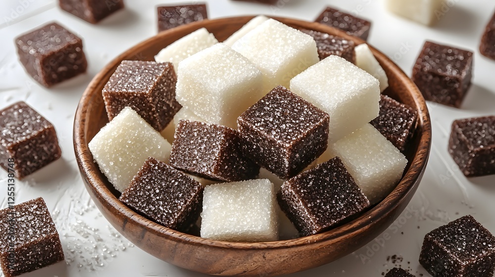 Brown and White Sugar Cubes in Wooden Bowl on White Background Brown and White Sugar Cubes in Wooden Bowl on White Background